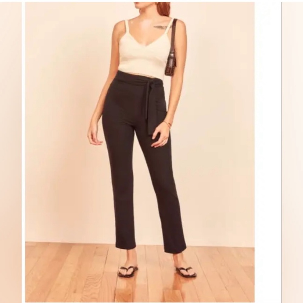 Reformation Kassia Pants Black High Rise Tie Waist Ribbed Stretch